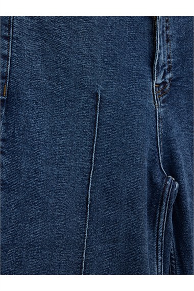 Yüksek Bel Önü Çıma Detaylı Likralı Jean Pantolon KOYU MAVİ