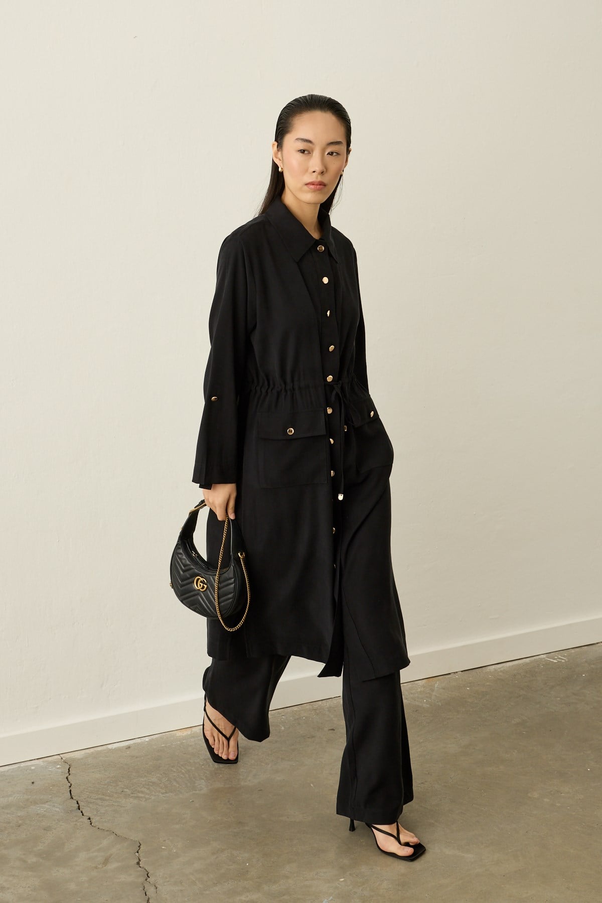 Alisa Düğmeli Beli Tünelli Tencel Pantolonlu Takım SİYAH