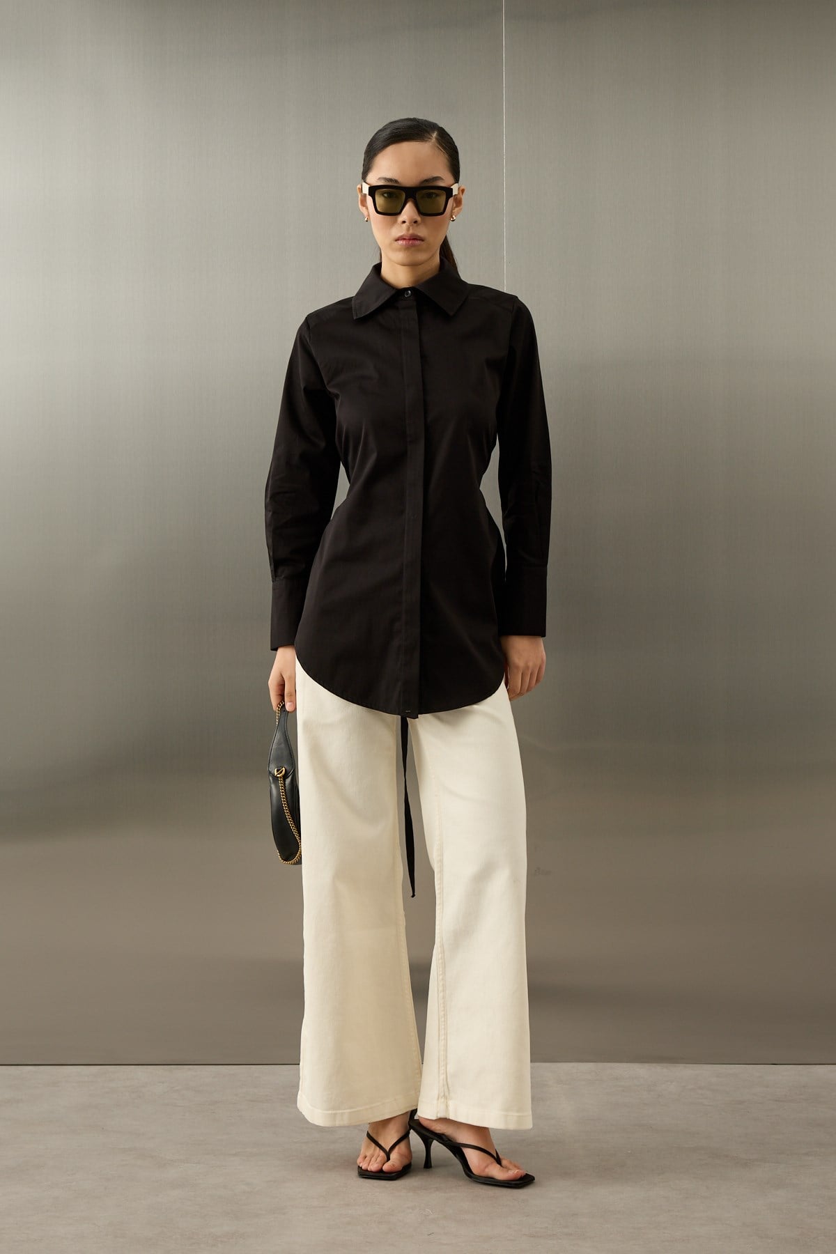 Basic Pamuklu Düğmeli Bağlamalı Gömlek SİYAH