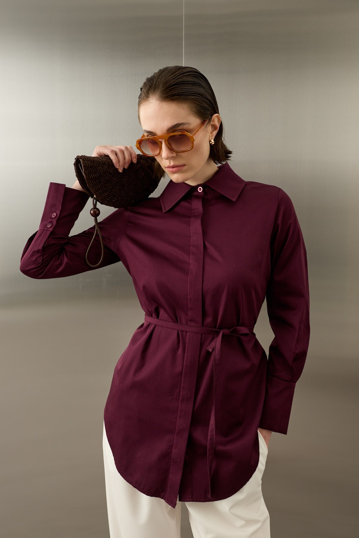 Basic Pamuklu Düğmeli Bağlamalı Gömlek MÜRDÜM