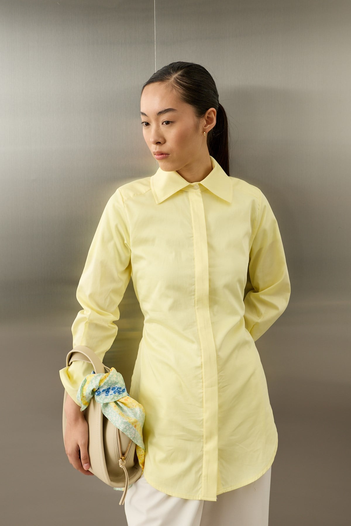 Basic Pamuklu Düğmeli Bağlamalı Gömlek SARI