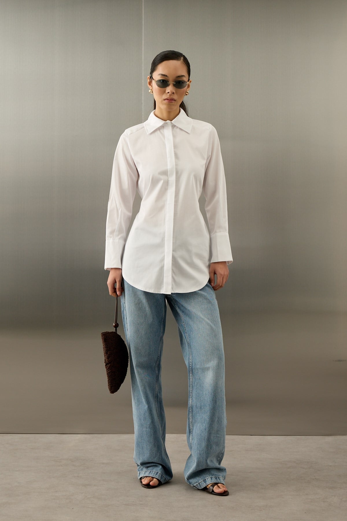 Basic Pamuklu Düğmeli Bağlamalı Gömlek BEYAZ