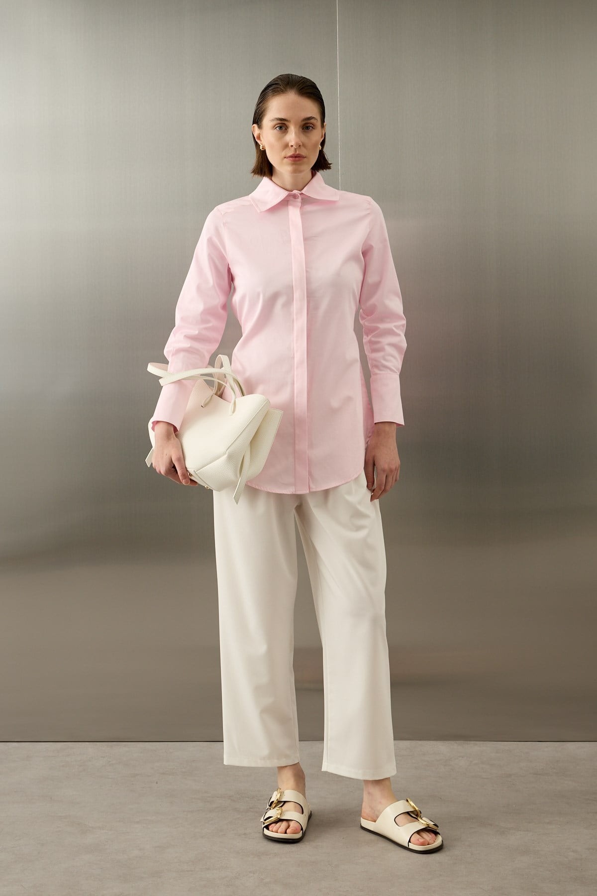 Basic Pamuklu Düğmeli Bağlamalı Gömlek PEMBE