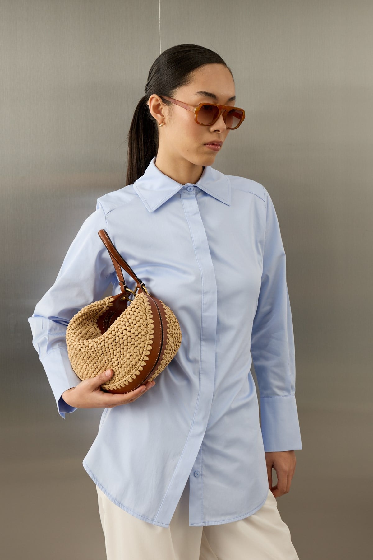 Basic Pamuklu Düğmeli Bağlamalı Gömlek MAVİ