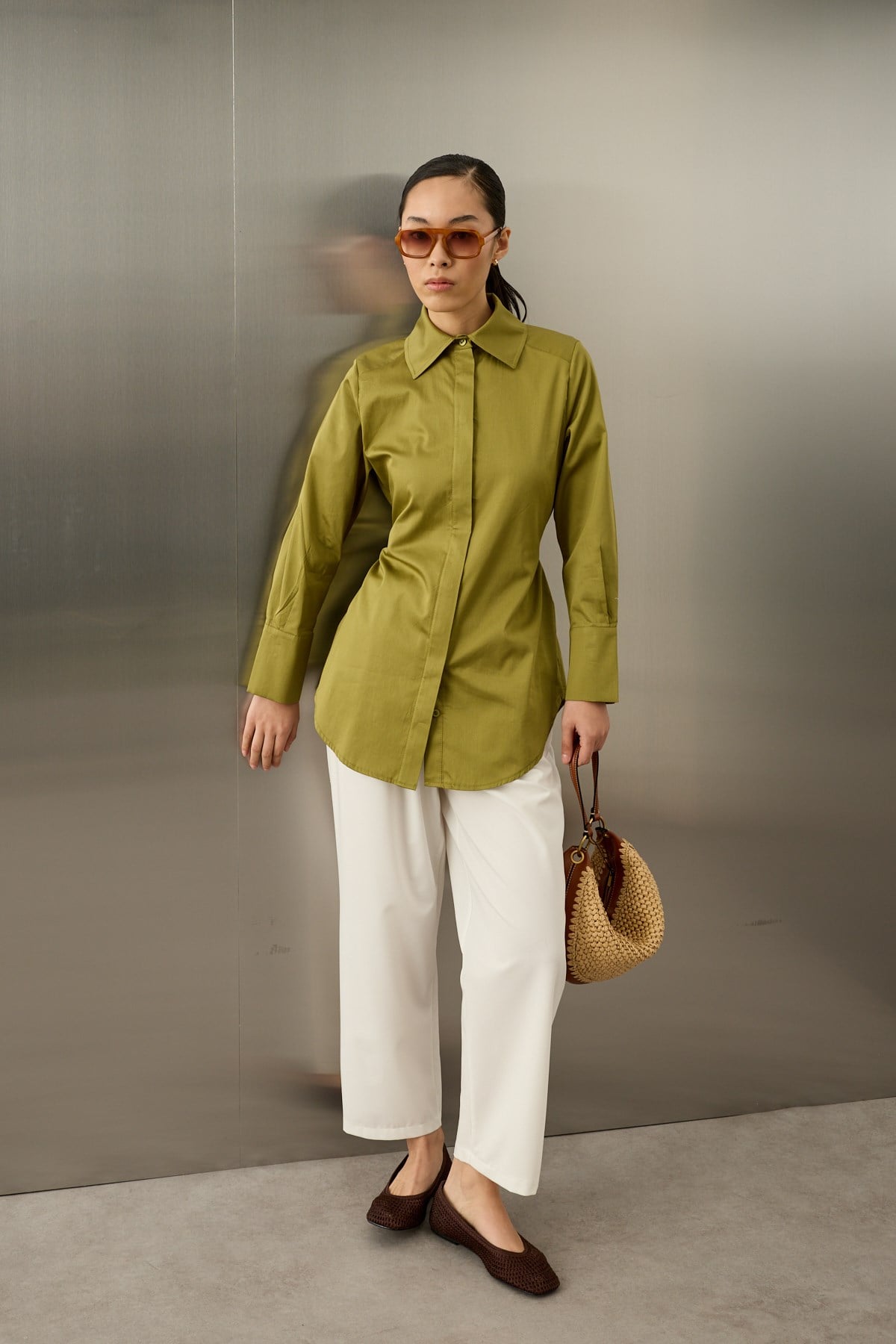 Basic Pamuklu Düğmeli Bağlamalı Gömlek YEŞİL