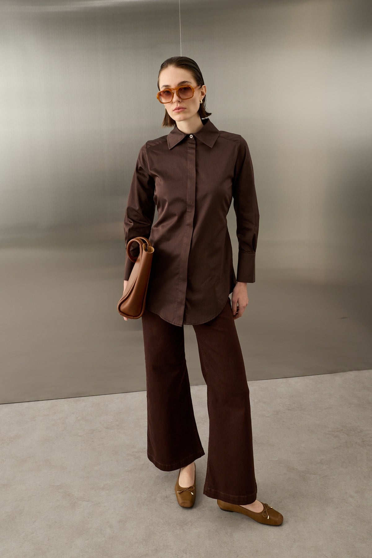 Basic Pamuklu Düğmeli Bağlamalı Gömlek KAHVERENGİ