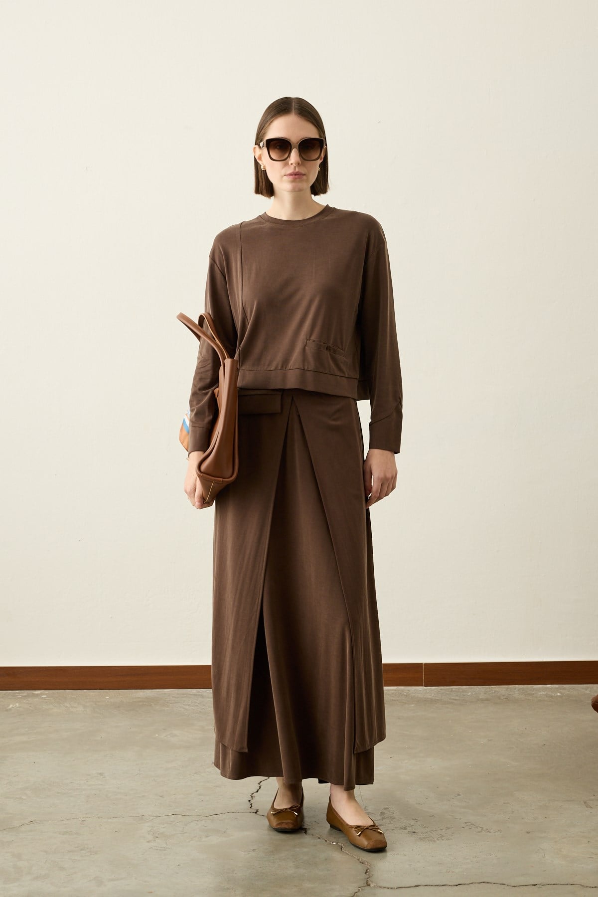 Chelsea Asimetrik Örme Rayon Etekli Takım KAHVERENGİ