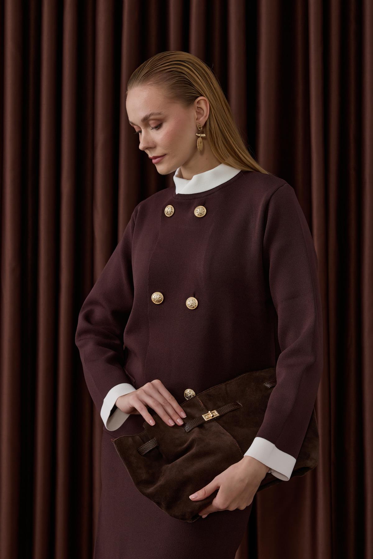 Crystal Çift Renk Kruvaze Triko Etekli Takım KAHVERENGİ