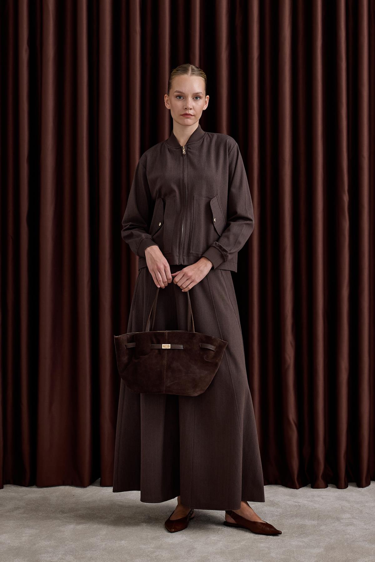 Doha Fermuarlı Ribanalı Etekli Takım KAHVERENGİ