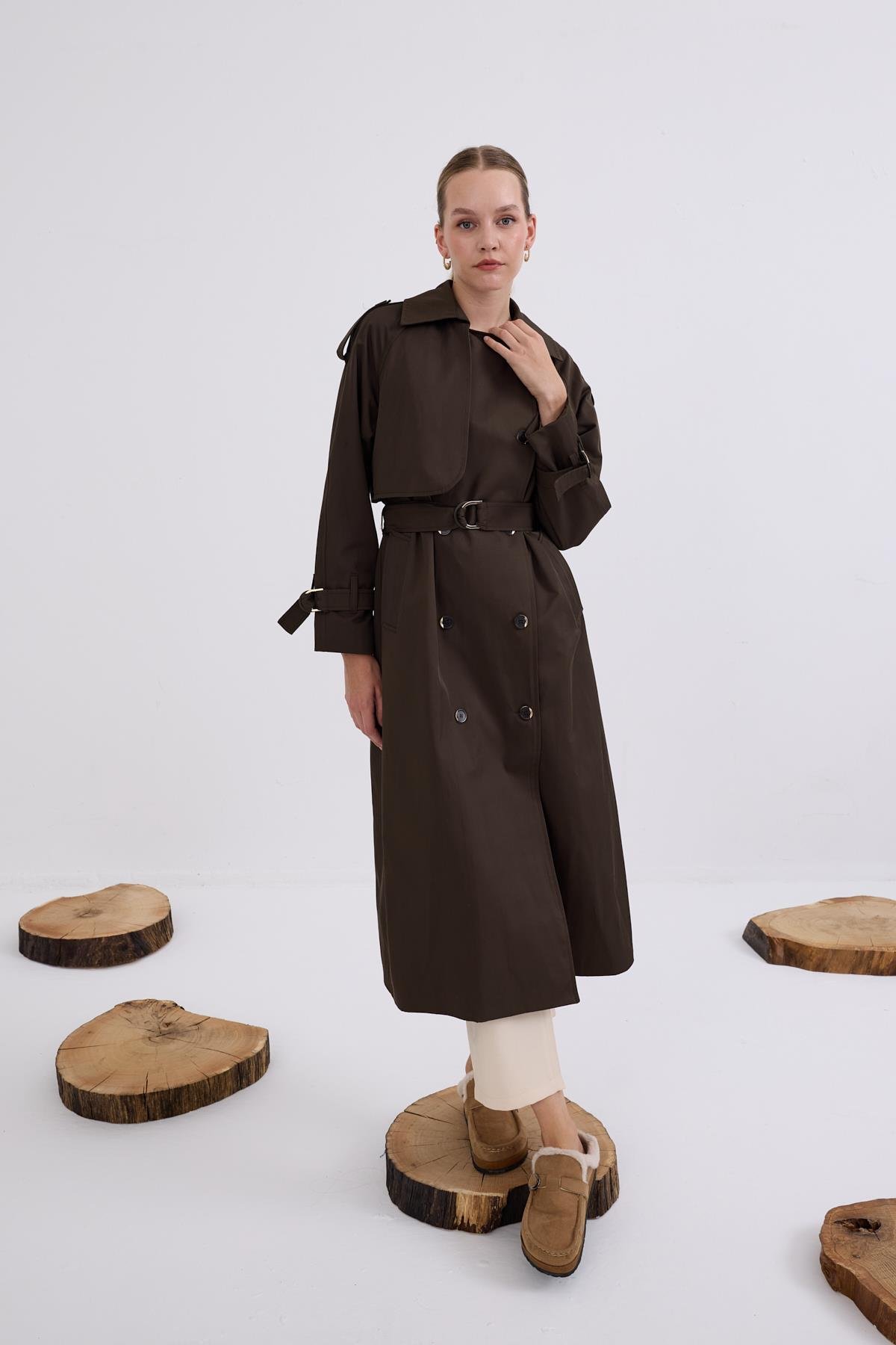 Dream Düğmeli Gold Kemerli Trençkot HAKİ