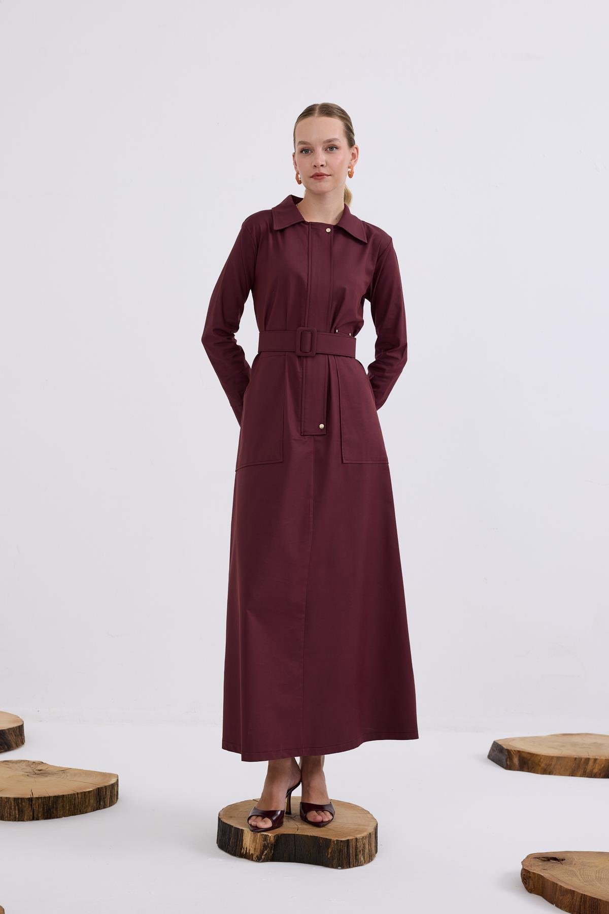 Ketty Fermuarlı Kemerli Elbise MÜRDÜM