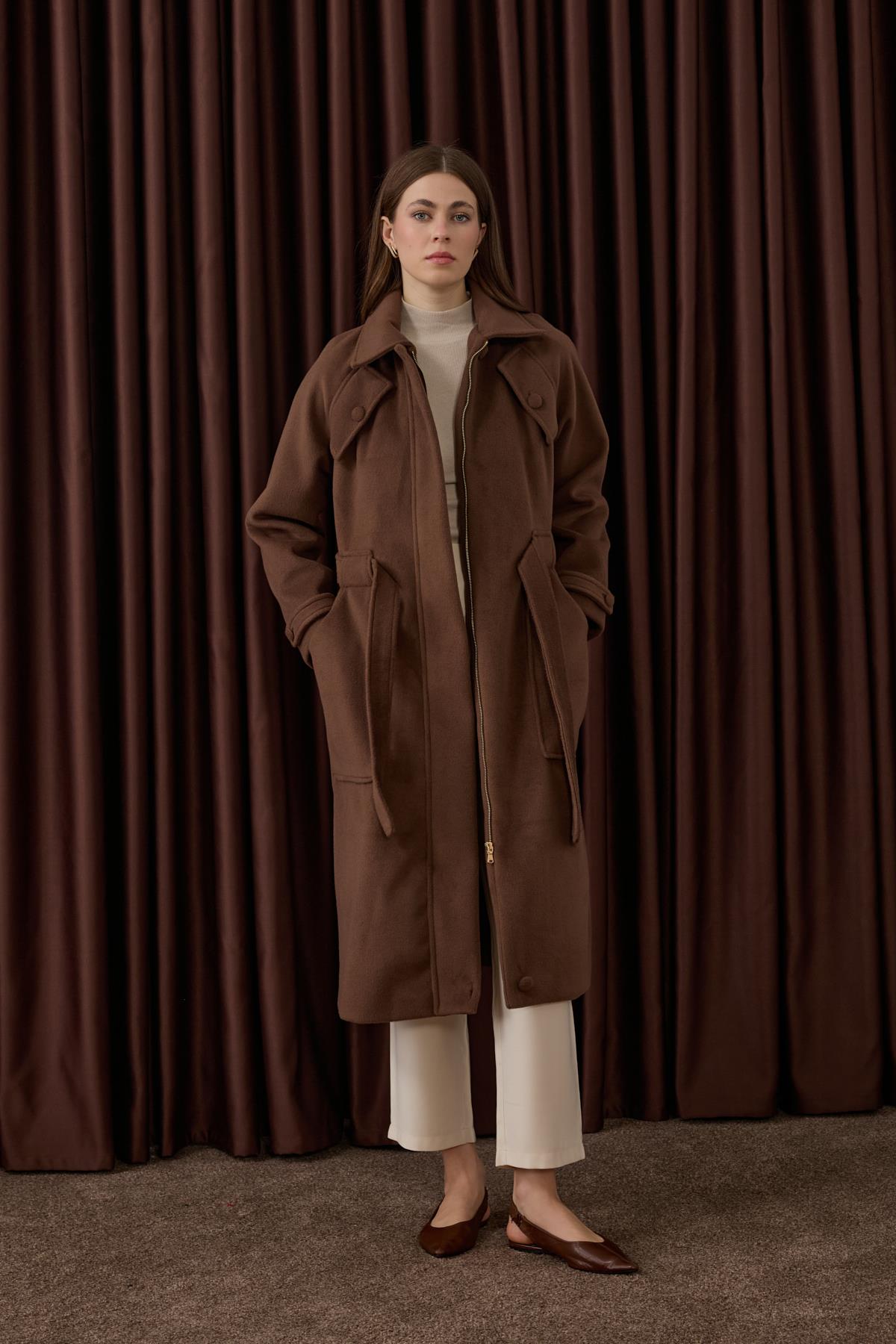 Lona Fermuarlı Büyük Cepli Kaban KAHVERENGİ