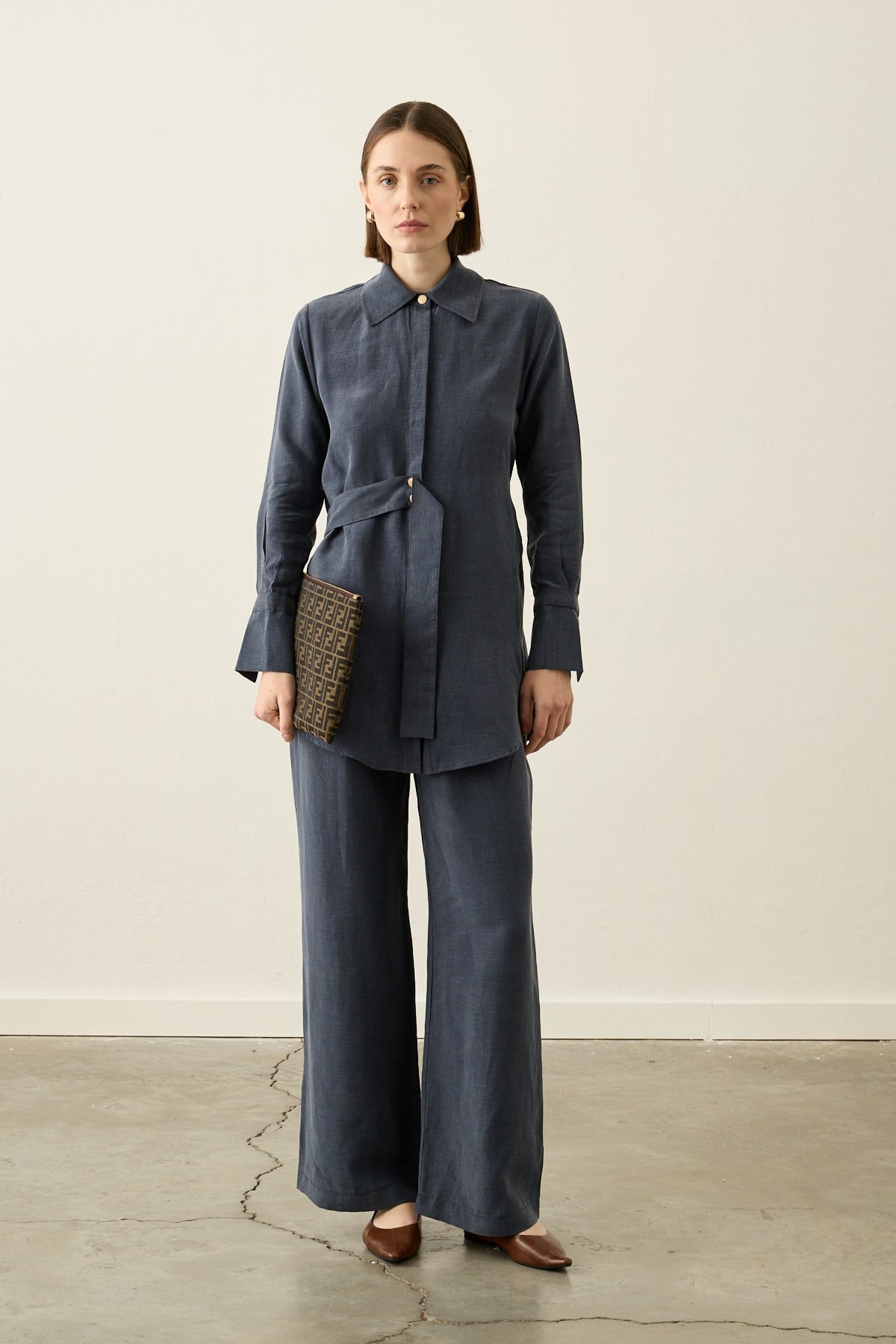 Nova Yandan Kuşaklı Keten Lyocell Pantolonlu Takım LACİVERT