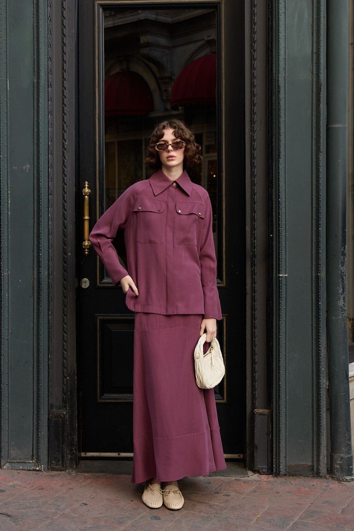 Sara Gold Düğmeli Cepli Etekli Takım MÜRDÜM