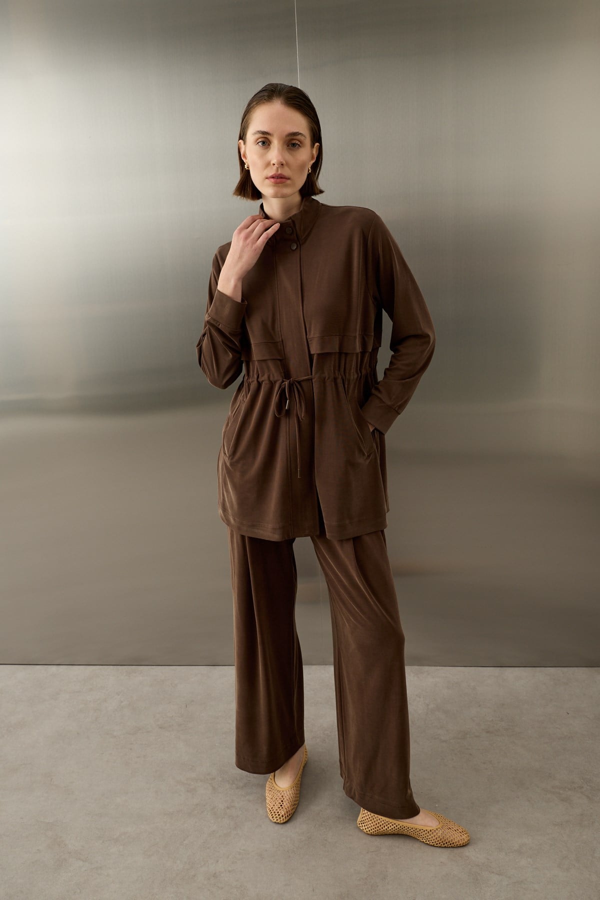 Seul Beli Kuşaklı Örme Rayon Eşofman Pantolonlu Takım KAHVERENGİ