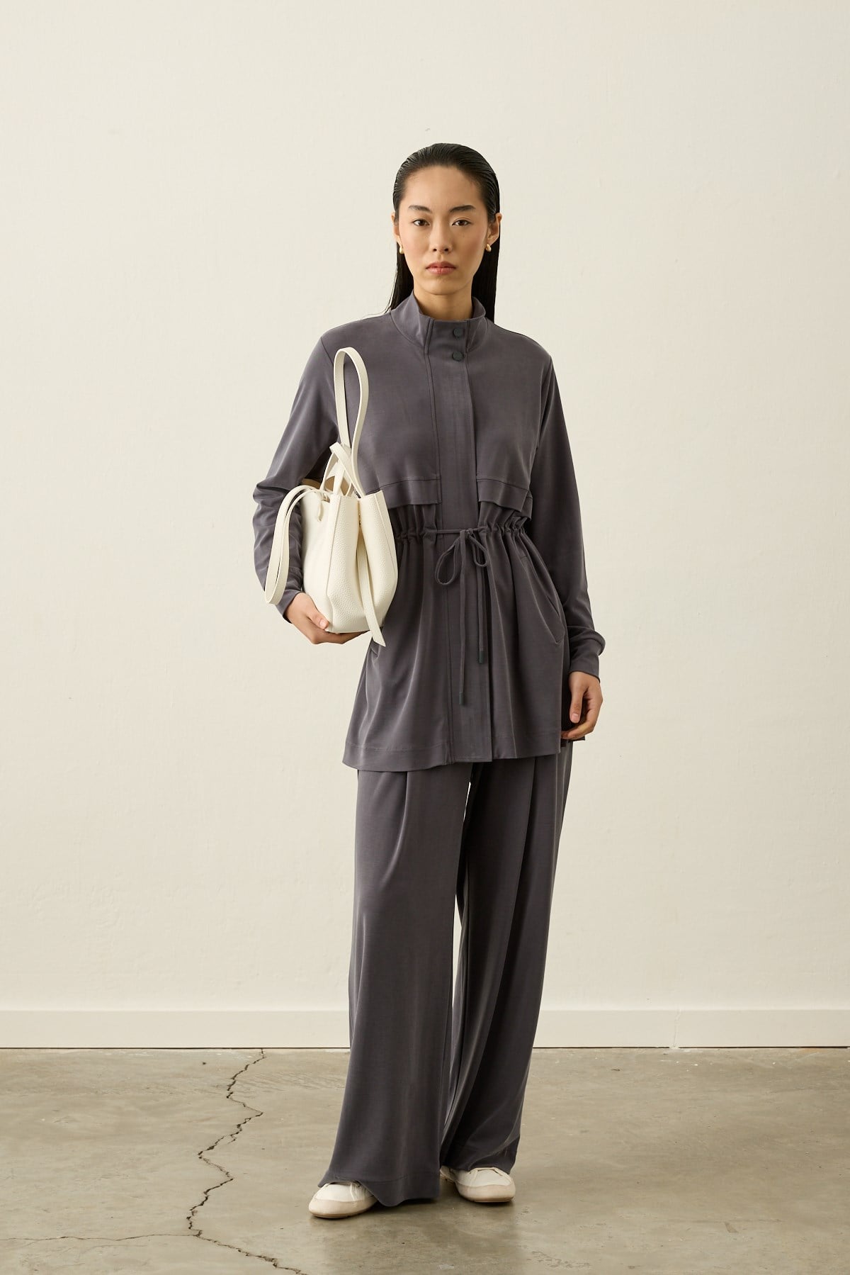 Seul Beli Kuşaklı Örme Rayon Eşofman Pantolonlu Takım GRİ