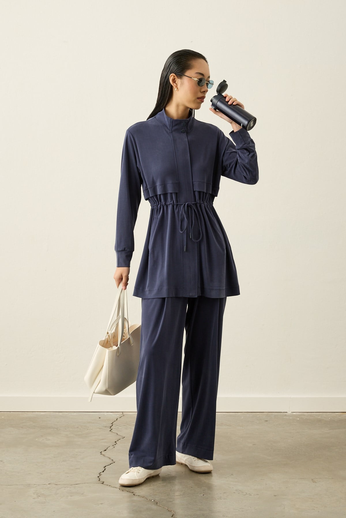 Seul Beli Kuşaklı Örme Rayon Eşofman Pantolonlu Takım LACİVERT