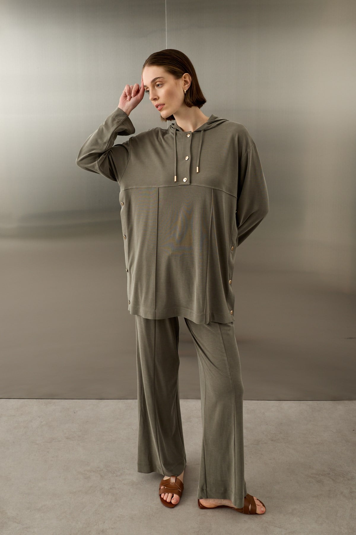 Stone Örme Rayon Eşofman Pantolonlu Takım HAKİ