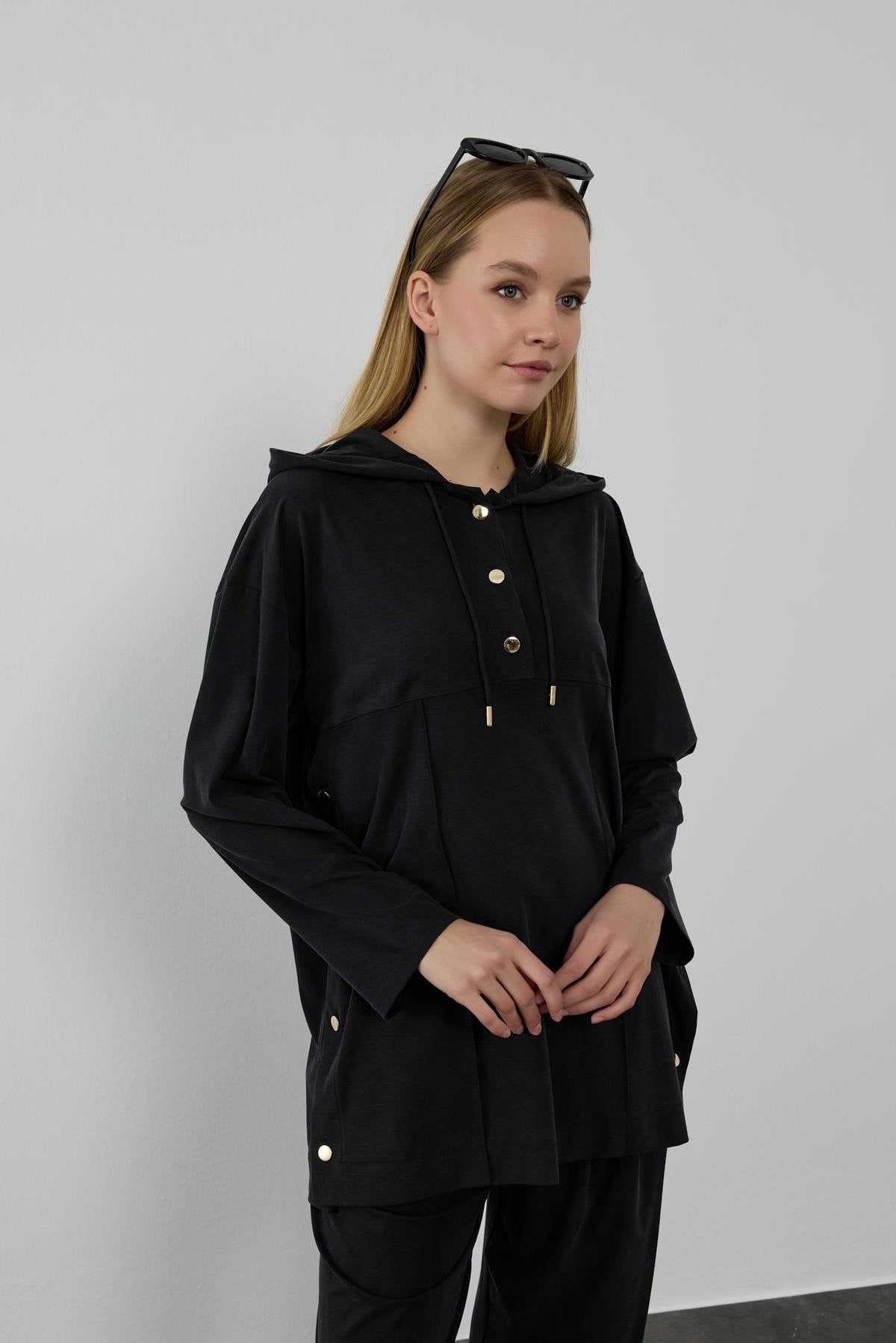 Stone Örme Rayon Eşofman Pantolonlu Takım SİYAH