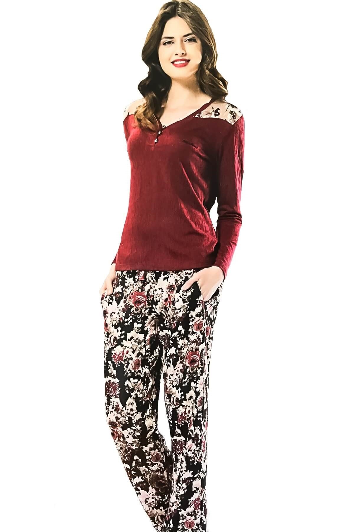 Betty & Barney Kadın Kışlık Pijama Takımı Çiçek Desenli Bordo