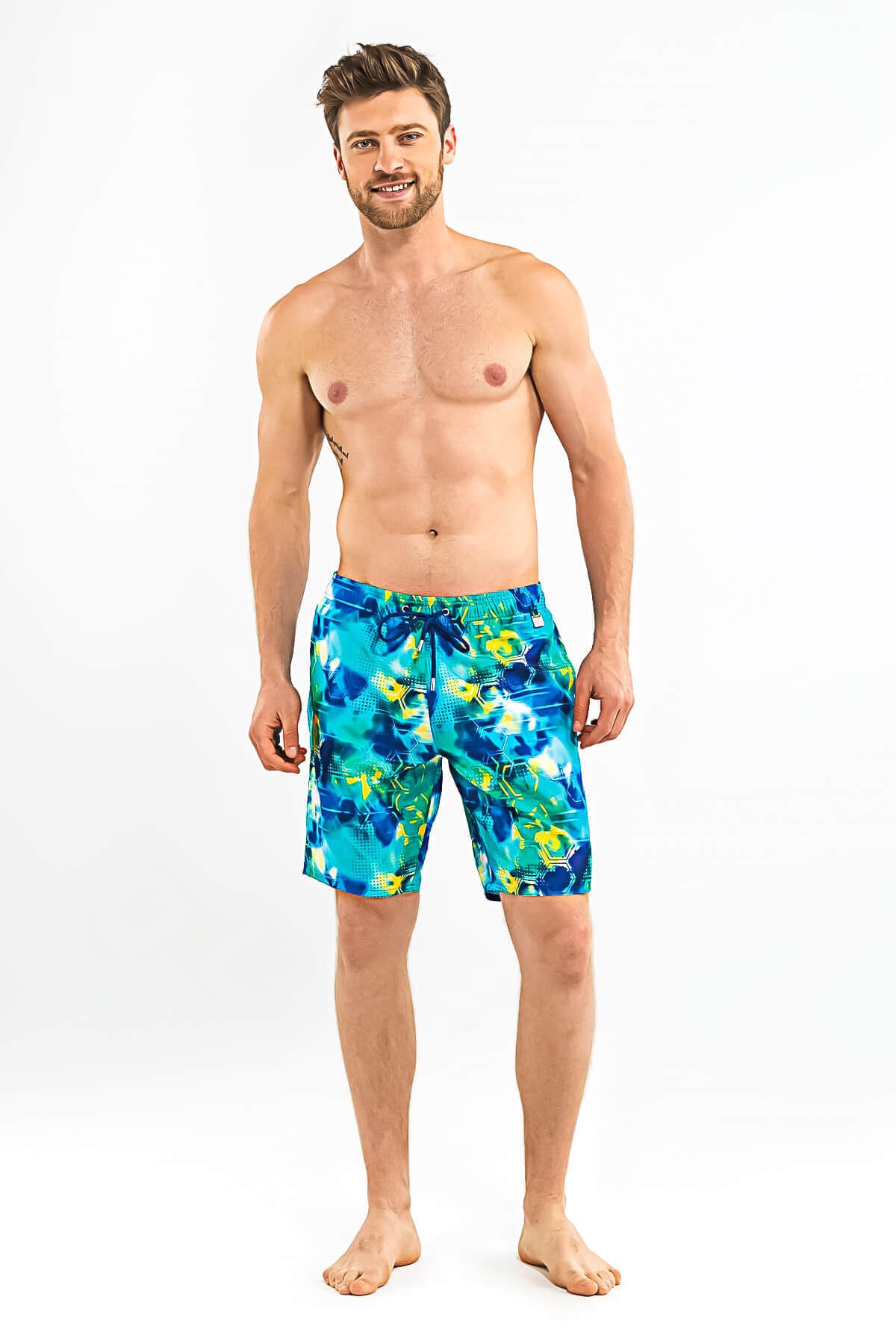 Blackspade Erkek Uzun Deniz Şort Mayo Geometrik Mavi