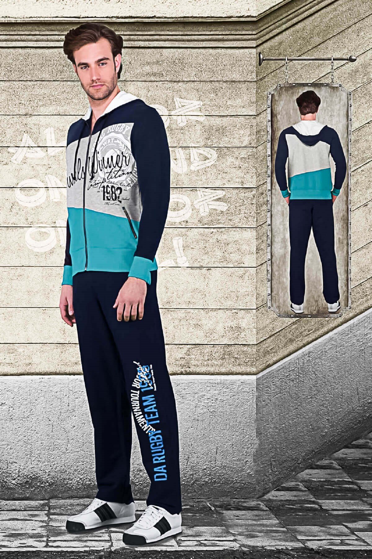 Doreanse Erkek Fermuarlı Kapüşonlu Uzun Kol Spor Eşofman Takımı Lacivert 4885