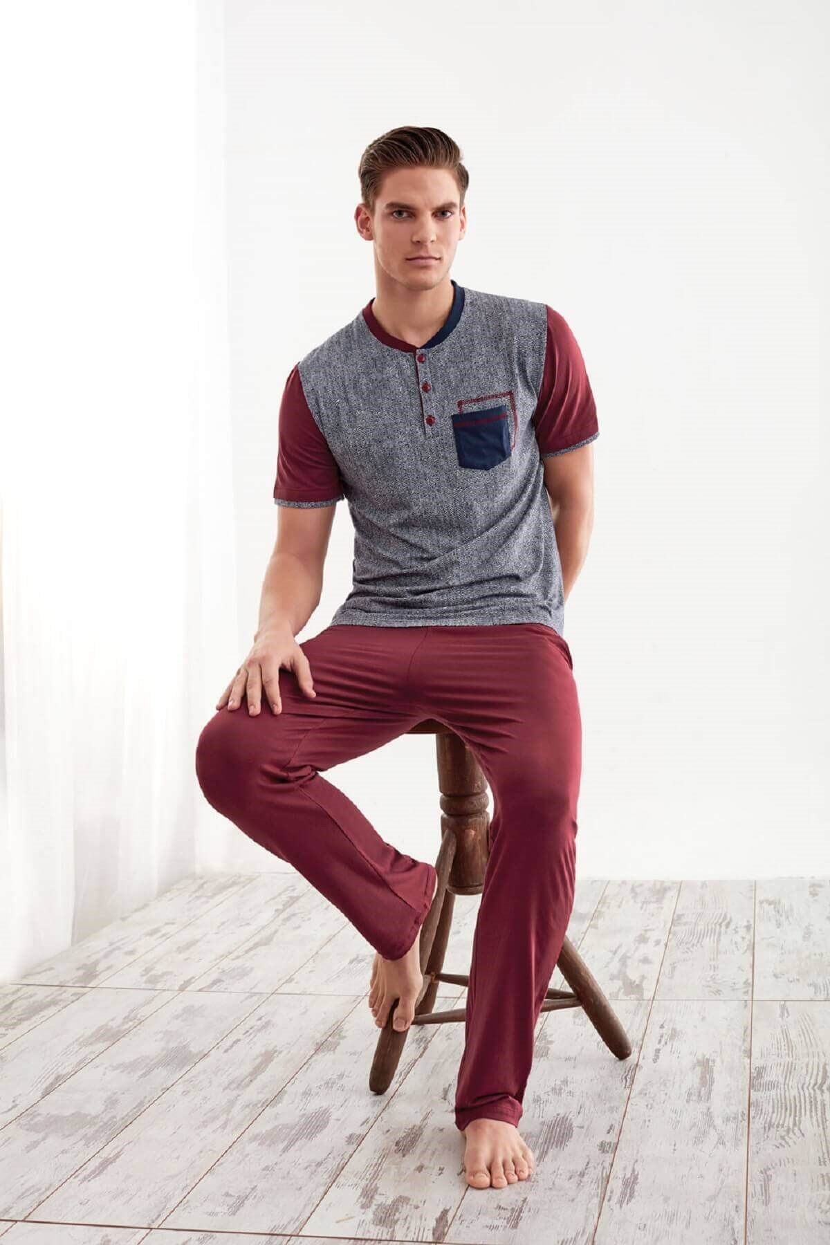 Doreanse Erkek Modal Kısa Kol Pijama Takımı - Bordo 4286