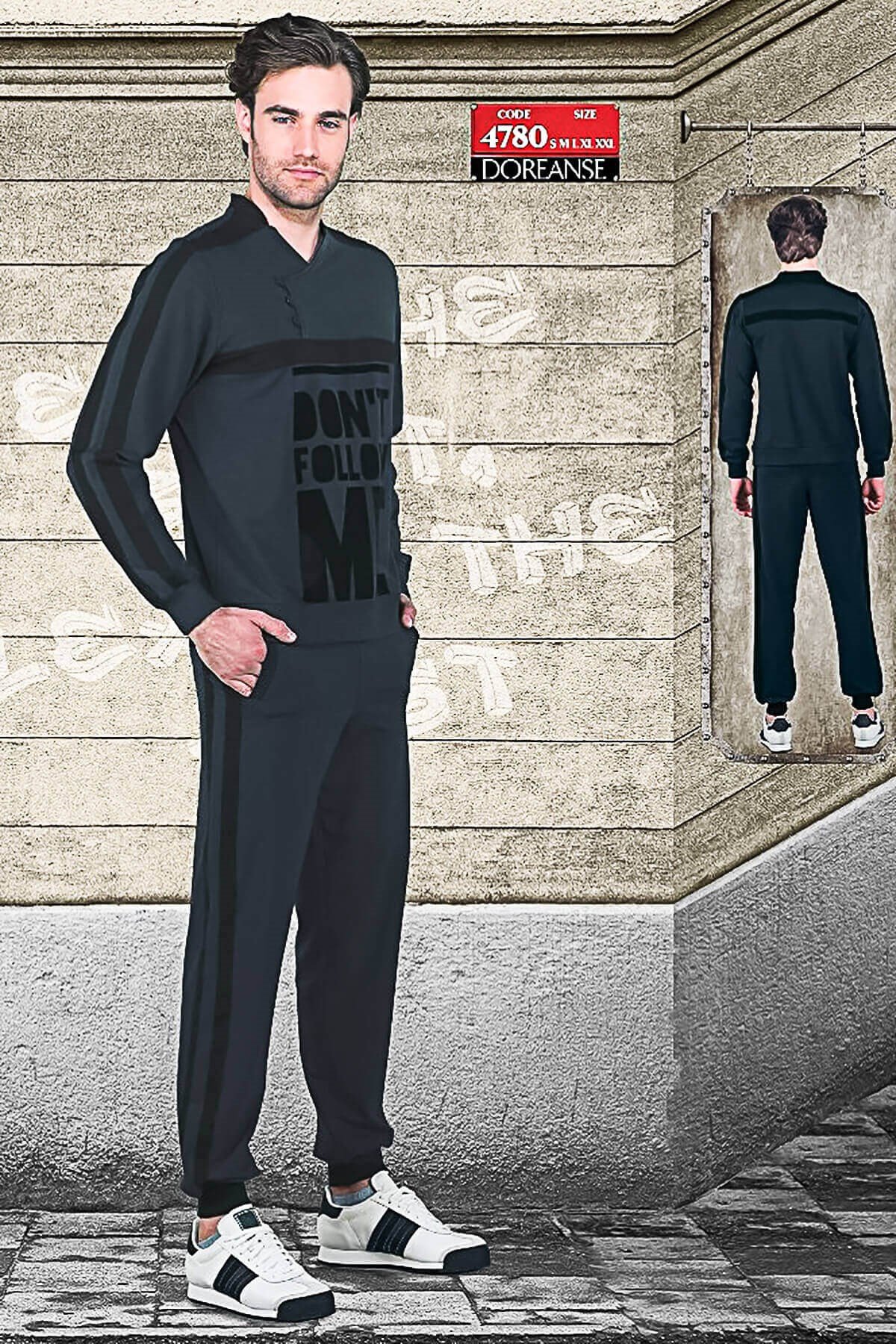 Doreanse Erkek Uzun Kol Düğmeli V Yaka Eşofman Takımı Füme 4780