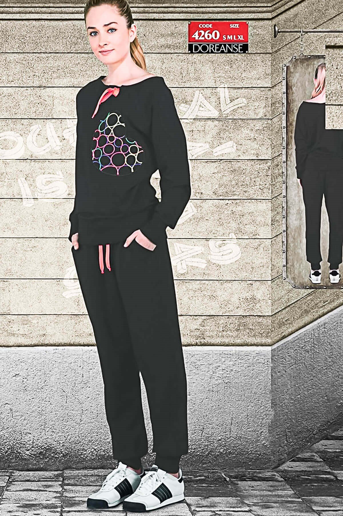 Doreanse Kadın Kapamasız Uzun Kol Açık Yaka Eşofman Takımı Siyah 4260