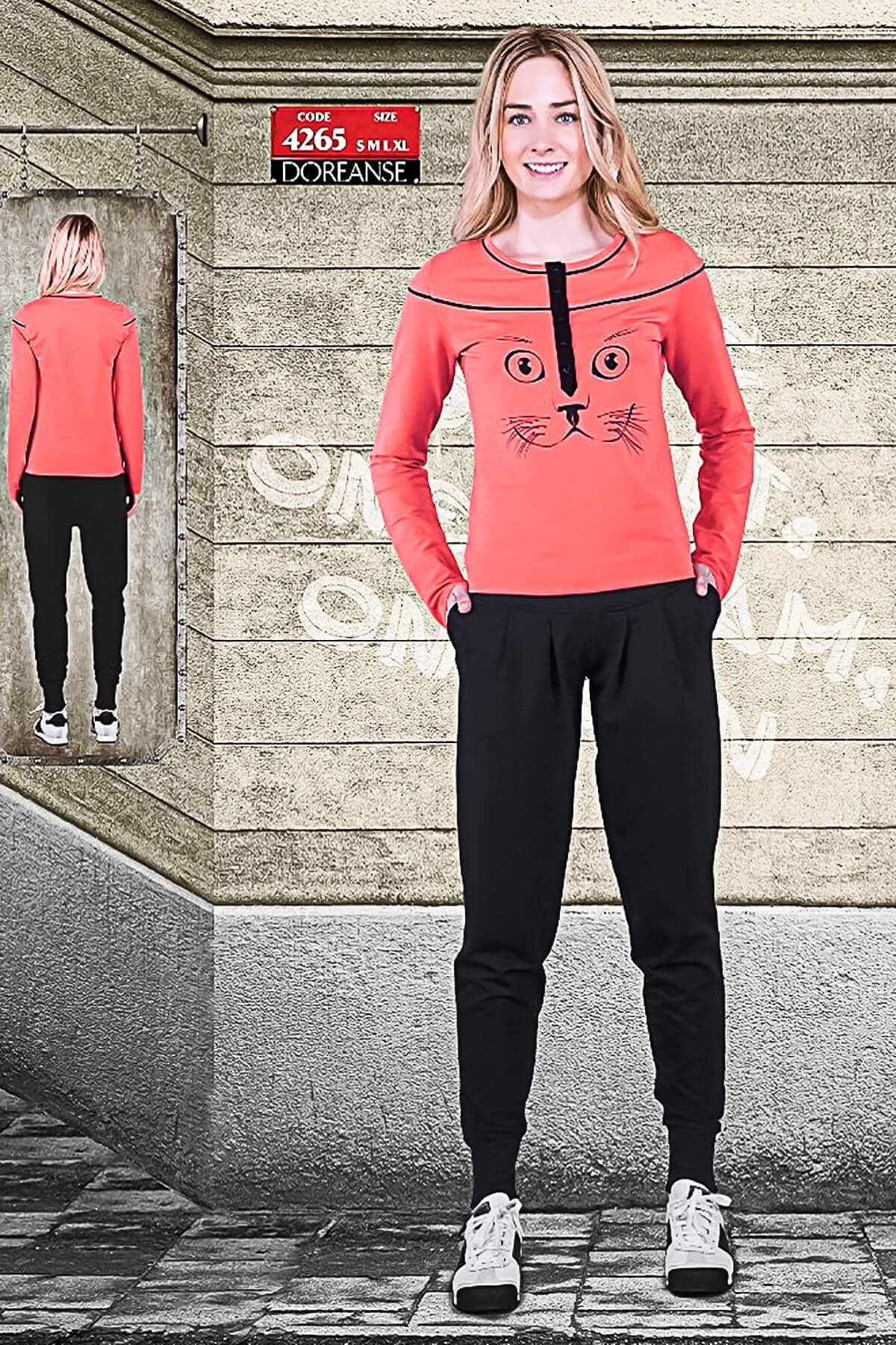 Doreanse Kadın Kapamasız Uzun Kol Açık Yaka Eşofman Takımı Mercan 4265