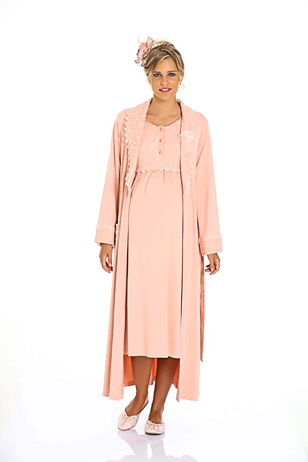 Limissi Kadın Uzun Kol Güpür Detaylı Hamile Sabahlık Pudra