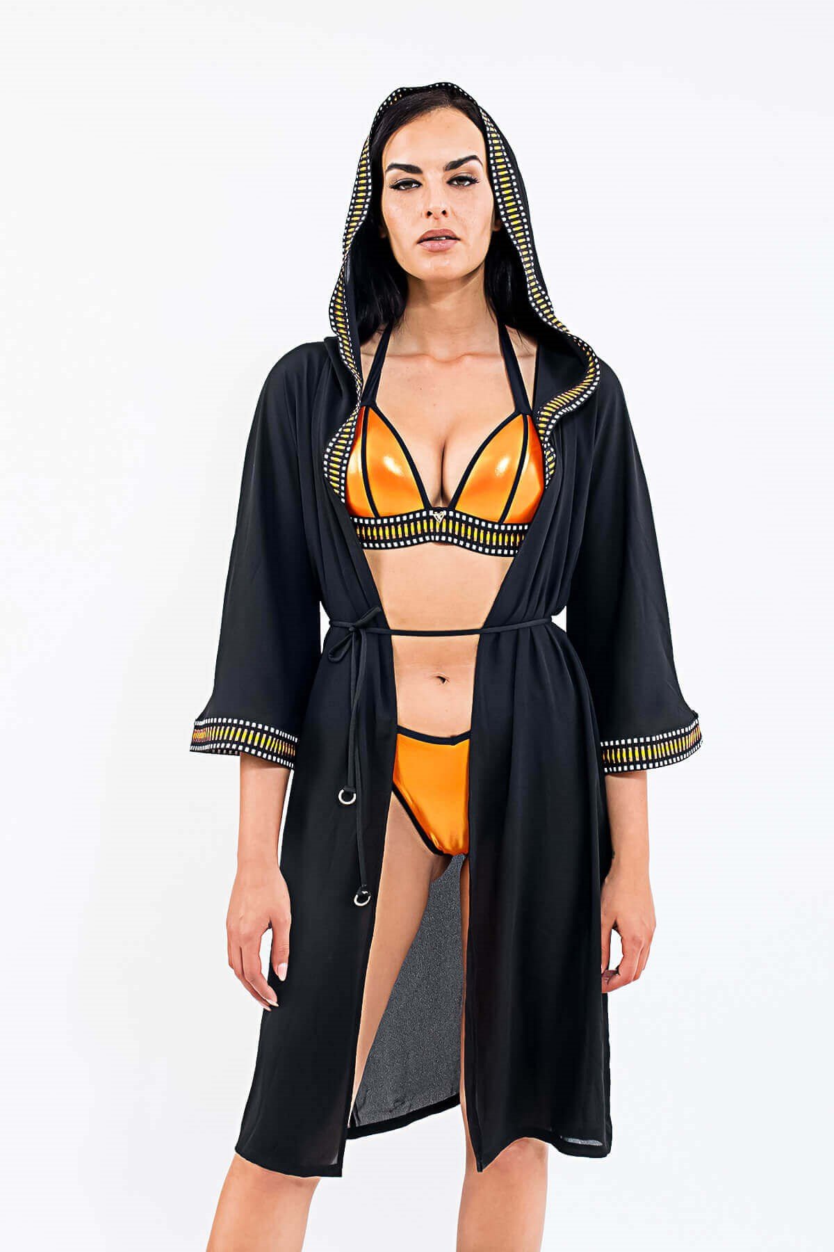 MED Kapüşonlu Plaj Pareo Kimono Siyah