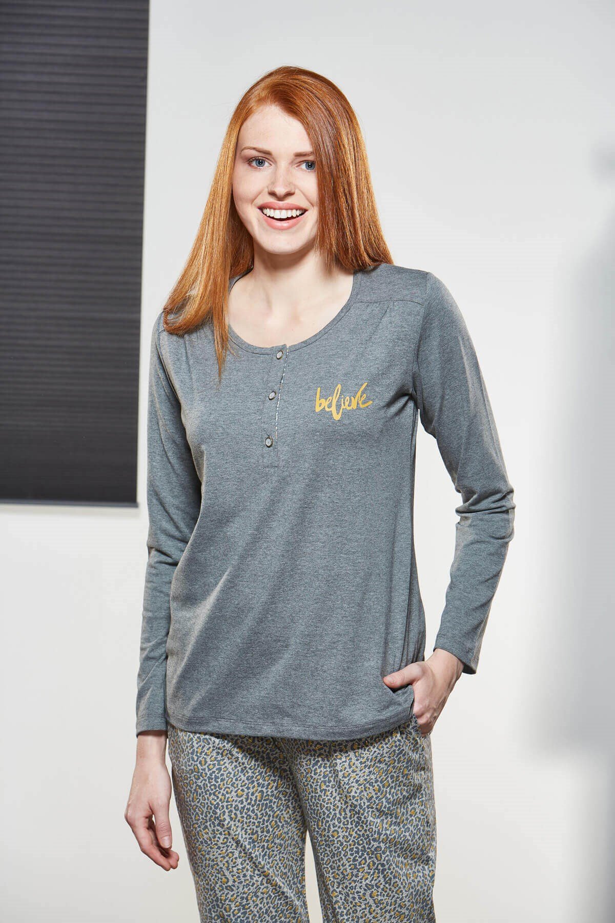 PJS Kadın Hardal %95 Pamuk Uzun Kol Pijama Takımı