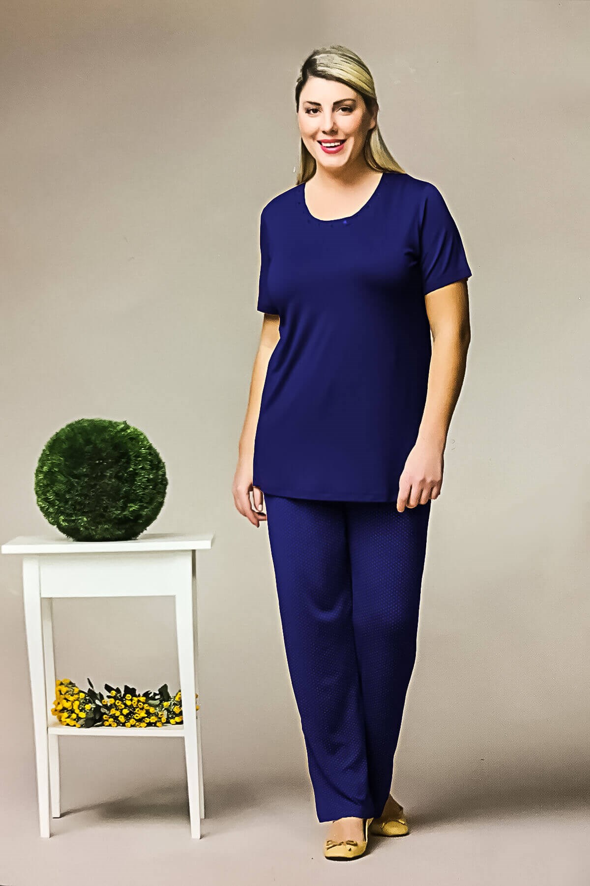 PJS Kadın Yazlık Büyük Beden Pijama Takımı Lacivert