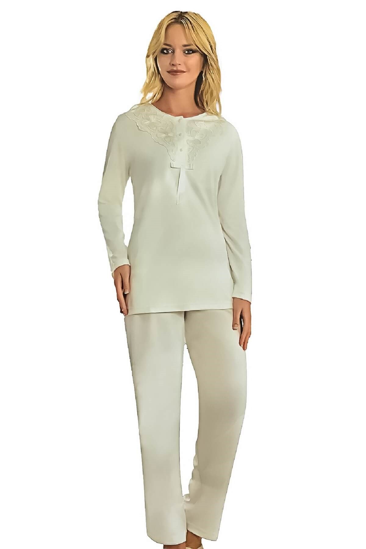Şahnur Kadın %100 Pamuk Kışlık Güpür Detaylı Pijama Takımı Ekru
