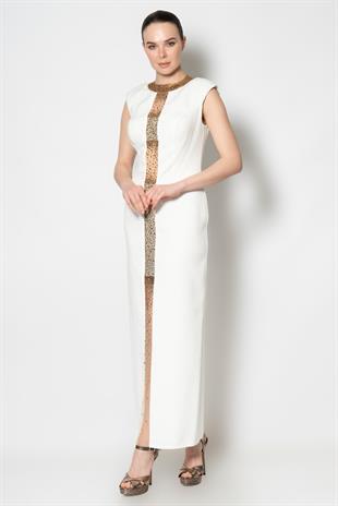 Ortası boydan taş işlemeli kolsuz krep elbise