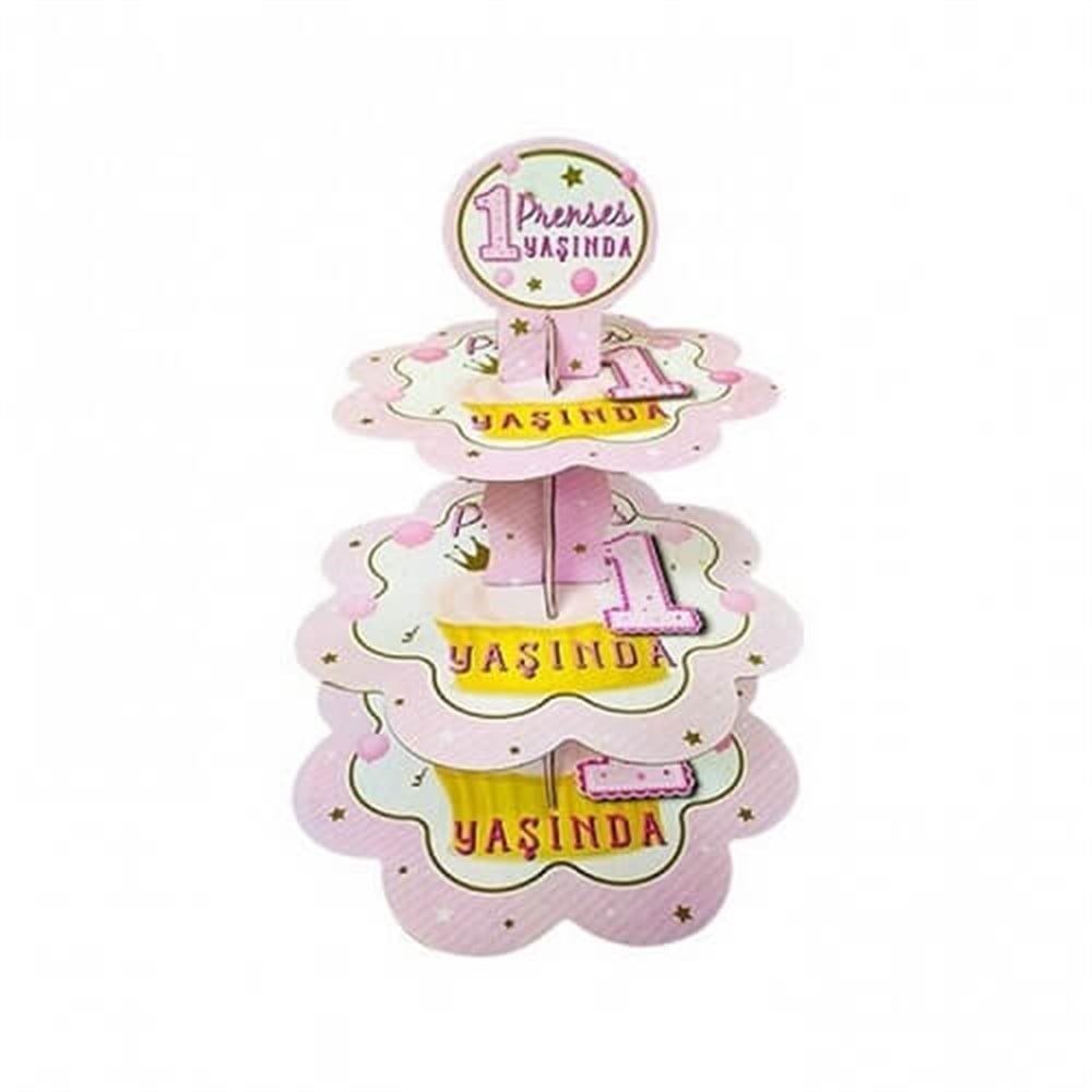 1 Yaş Kız Çocuk Karton Cupcake Standı 3 katlı