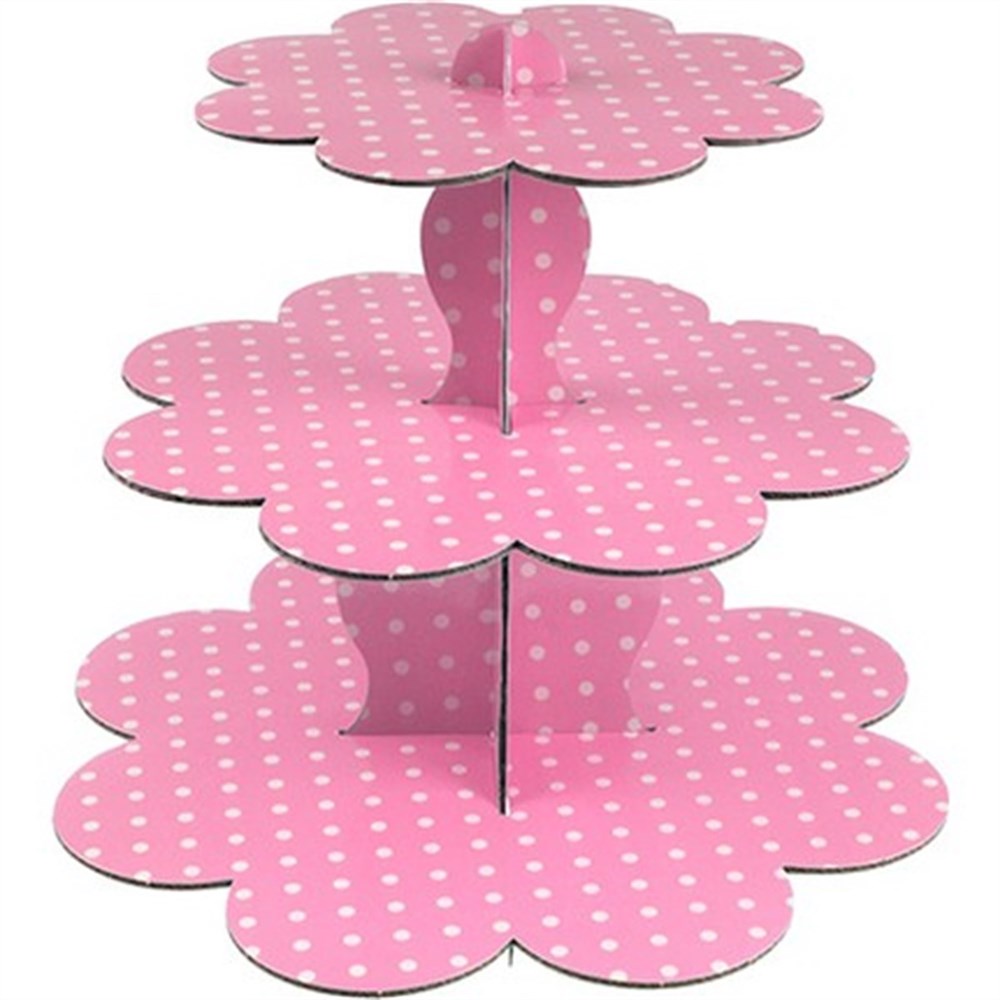 Cupcake Standı Pembe Renk Beyaz Benekli 3 katlı