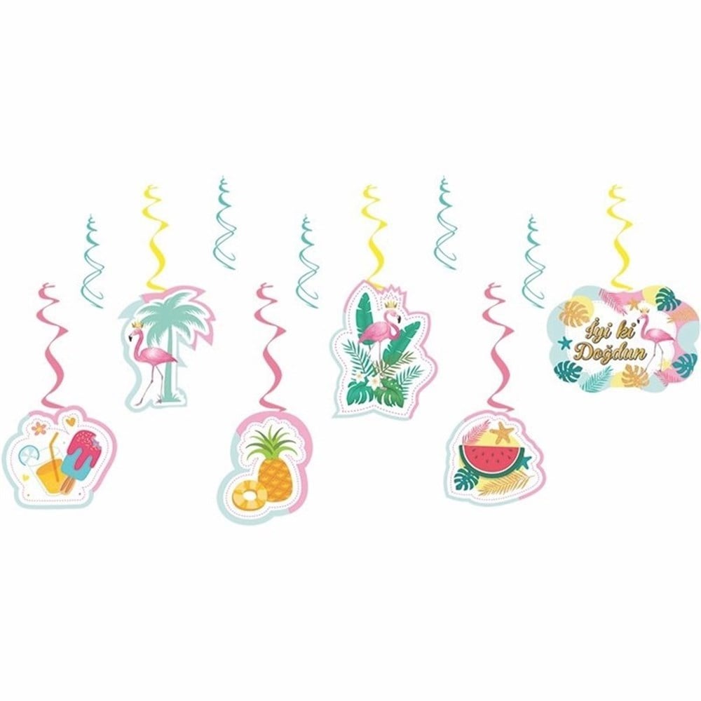 Flamingo Temalı Çift Taraflı Sarkıt Kağıt Süs 6lı