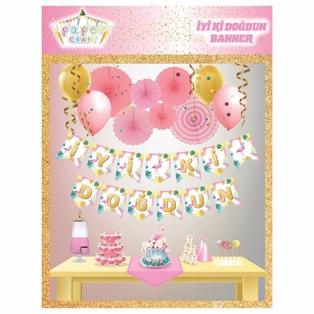 Flamingo Temalı İyi Ki Doğdun Zigzag Banner Kağıt Süs
