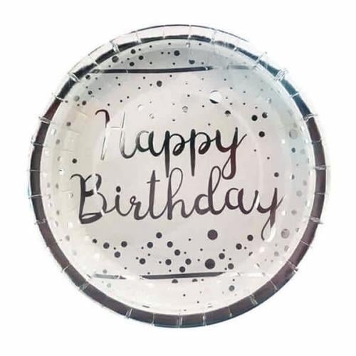 Gümüş Happy Birthday Baskılı Tabak 6 Adet