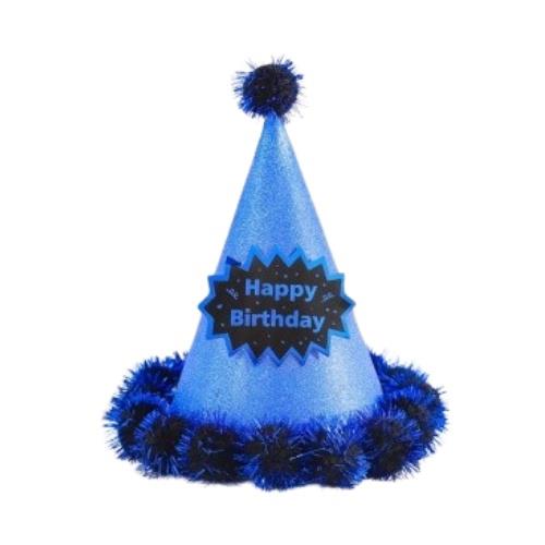 Happy Birthday Simli Ponponlu Mavi Şapka 