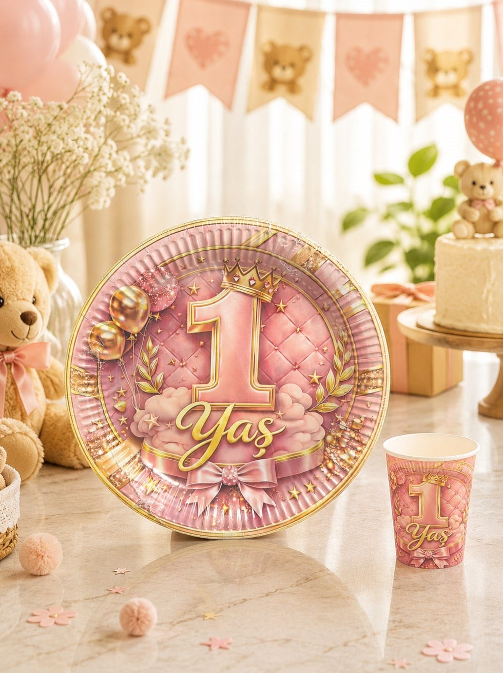 Pembe 1 Yaş Karton Tabak ve Bardak Seti – Kız Bebek Doğum Günü Parti Seti 8li