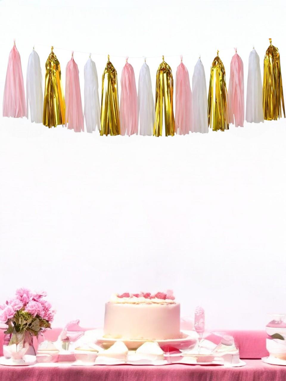 Parti Süsleri Metalize Püskül Süs Pembe - Altın 3 mt