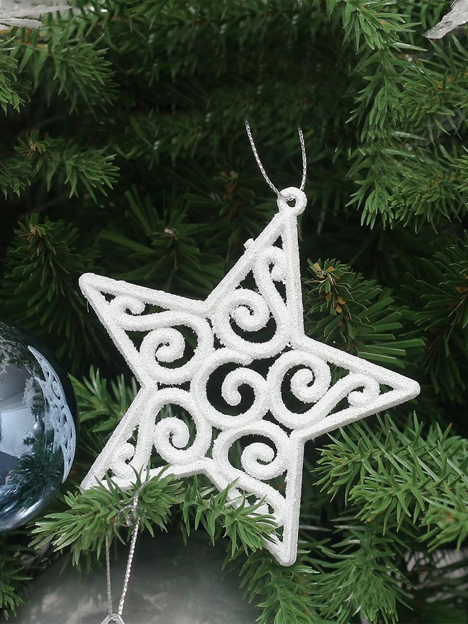 Yılbaşı Ağacı Süsleri Yıldız Şekilli Asılabilir Simli Ağaç Süsü Beyaz 9 cm 3lü