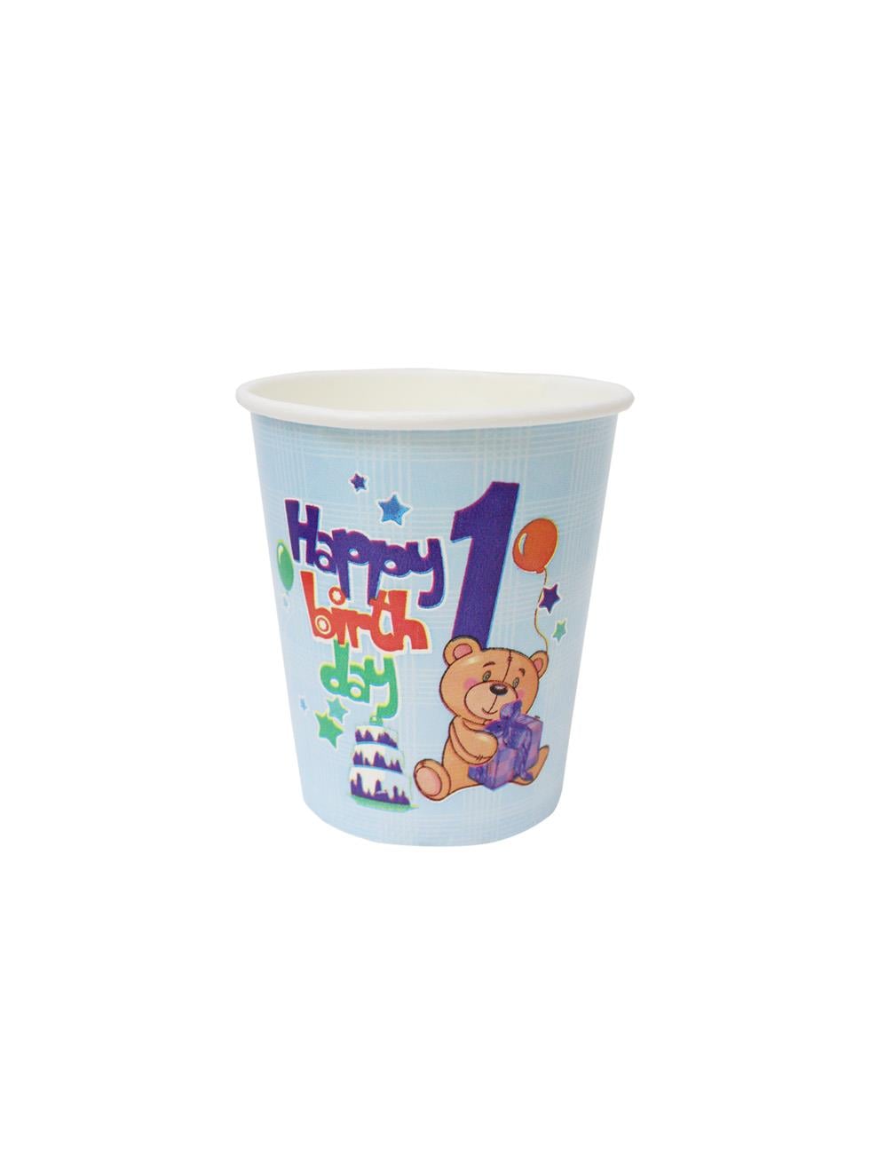 1 Yaş Erkek Bebek Doğum Günü Seti – Plastik Tabak & Karton Bardak Mavi 24lü