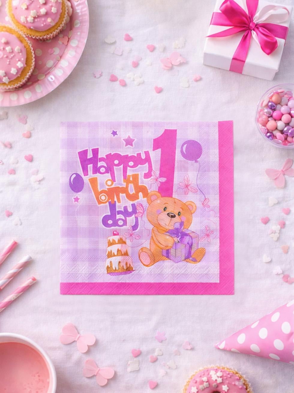 1 Yaş Peçete Happy Birthday Yazılı Kız Çocuk Peçete Pembe