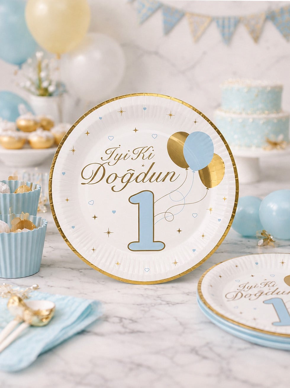 1 Yaş Tabak Mavi-Gold 6Lı
