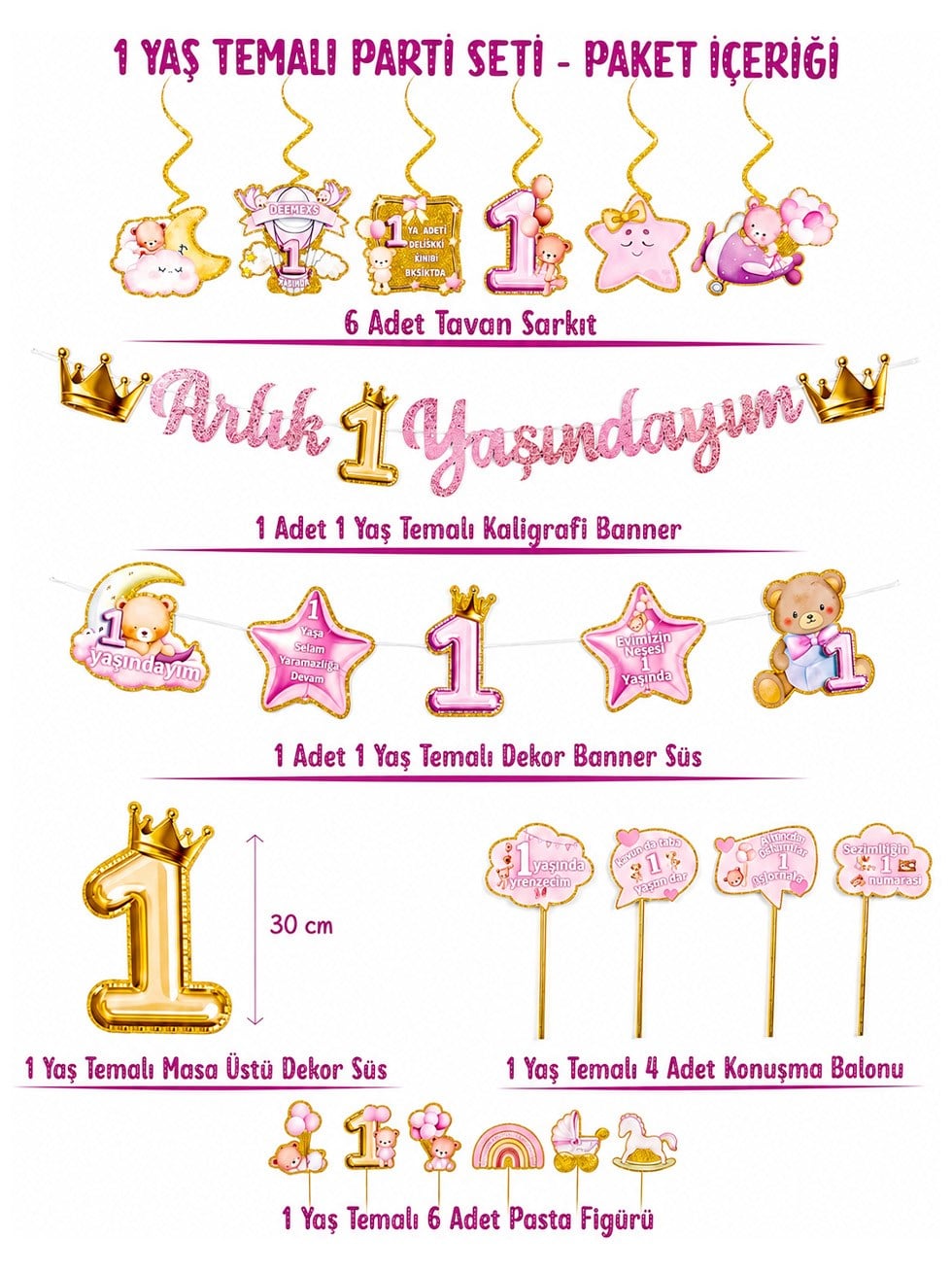1 Yaş Temalı Kız Bebek Doğum Günü Seti Parti Paketi Pembe Gold 