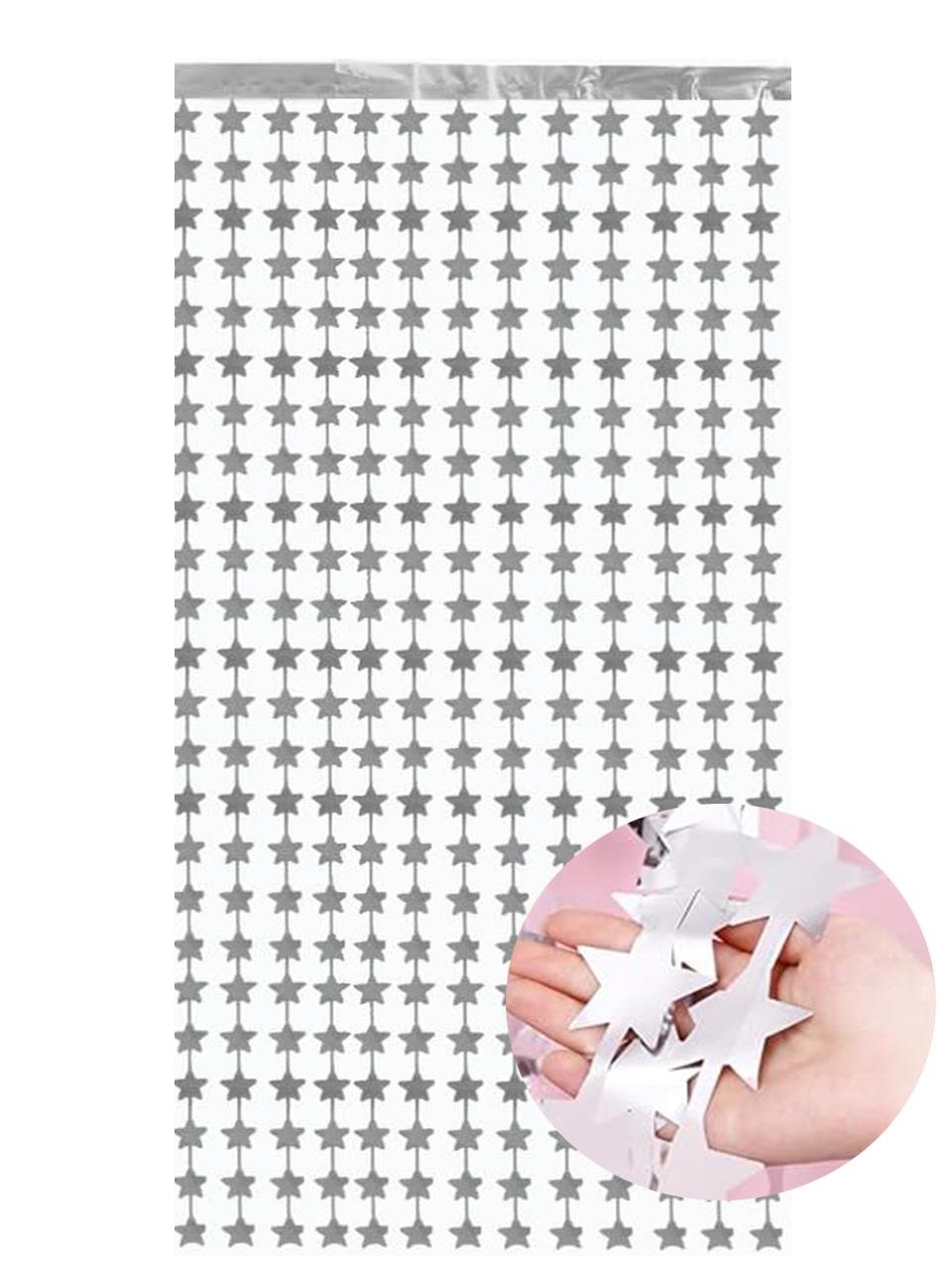 Metalize Yıldız Parti Perdesi Kapı ve Fon Perdesi Gümüş